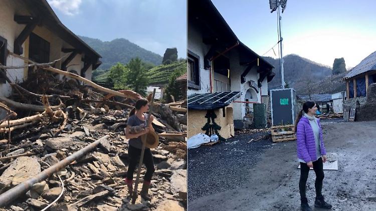 Fabricia Karutz auf dem Weg zu ihrem Elternhaus in Mayschoß - kurz nach dem Jahrhunderthochwasser und ein halbes Jahr danach.