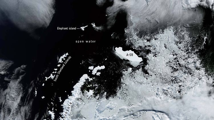Die Satellitenaufnahme aus dem November 2020 zeigt, bis wohin sich der Eisberg mit der Kennung A-68 bewegt hatte.