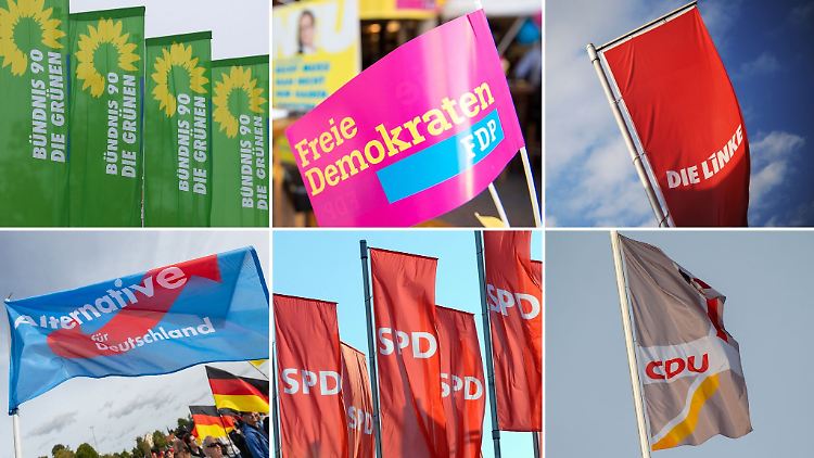 Fahnen der Parteien Bündnis 90/Die Grünen (oben l-r), FDP, Die Linke, AfD (unten l-r), SPD und CDU.
