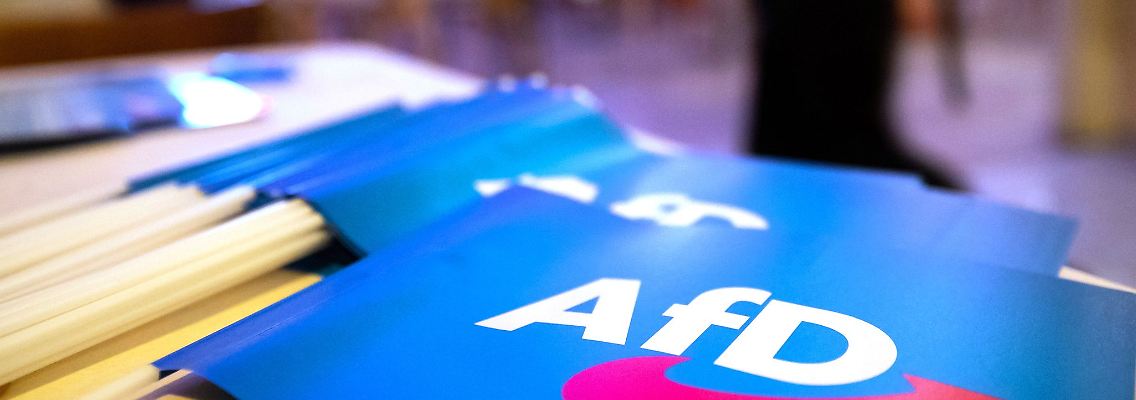 Fähnchen mit dem Logo der AfD liegen beim Landesparteitag der AfD auf einem Tisch.