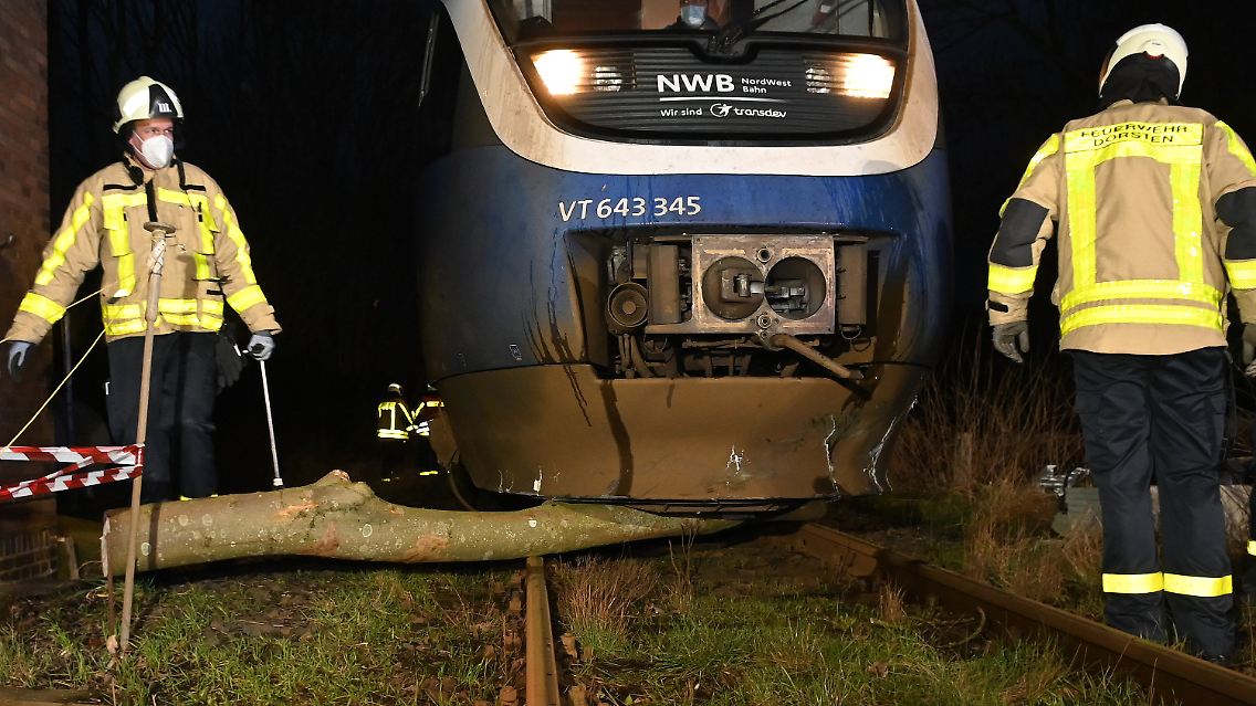 Bei Dorsten räumen Feuerwehrleute unter dem Triebwagen der Nordwestbahn einen Baum weg.
