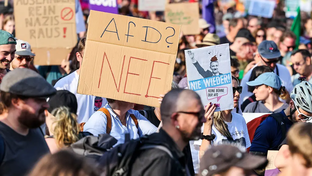 Ein-Demonstrant-haelt-ein-Plakat-mit-der-Aufschrift-AfD-Nee-beim-Protest-gegen-den-Buergerdialog-von-AfD-Bundestagsabgeordneten