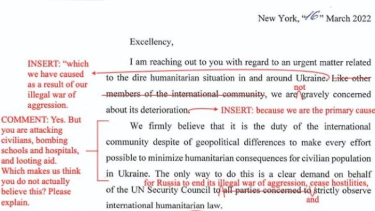 Die humanitäre Situation in der Ukraine als "Ergebnis unseres illegalen Aggressionskriegs" - so hatte Russlands UN-Botschafter das nicht sagen wollen und auch nicht dürfen; das Wort "Krieg" mit Blick auf den russischen Überfall auf die Ukraine ist in Russland verboten.