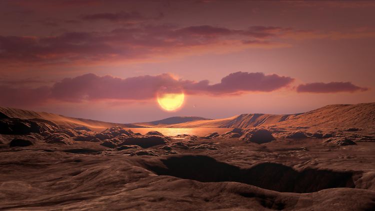 Computergrafik des Exoplaneten Kepler-1649c. Er befindet sich in der habitablen Zone des roten Zwergstern, um den er kreist.