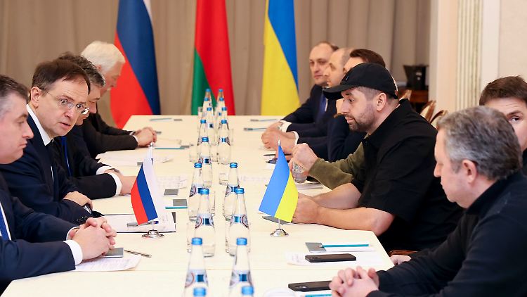 Der russische Chefunterhändler Wladimir Medinski (Zweiter von links) und David Arachamija (Dritter von links), Fraktionsvorsitzender der Präsidentenpartei im ukrainischen Parlament, bei Gesprächen Ende Februar in Belarus.