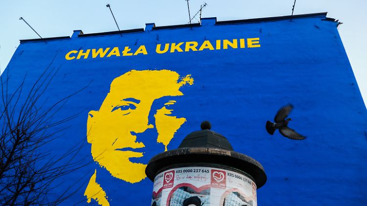 Das Konterfei des ukrainischen Präsidenten ziert eine Hauswand im polnischen Krakau. Selenskyj will nun die russische Forderung nach Neutralität ernsthaft prüfen.