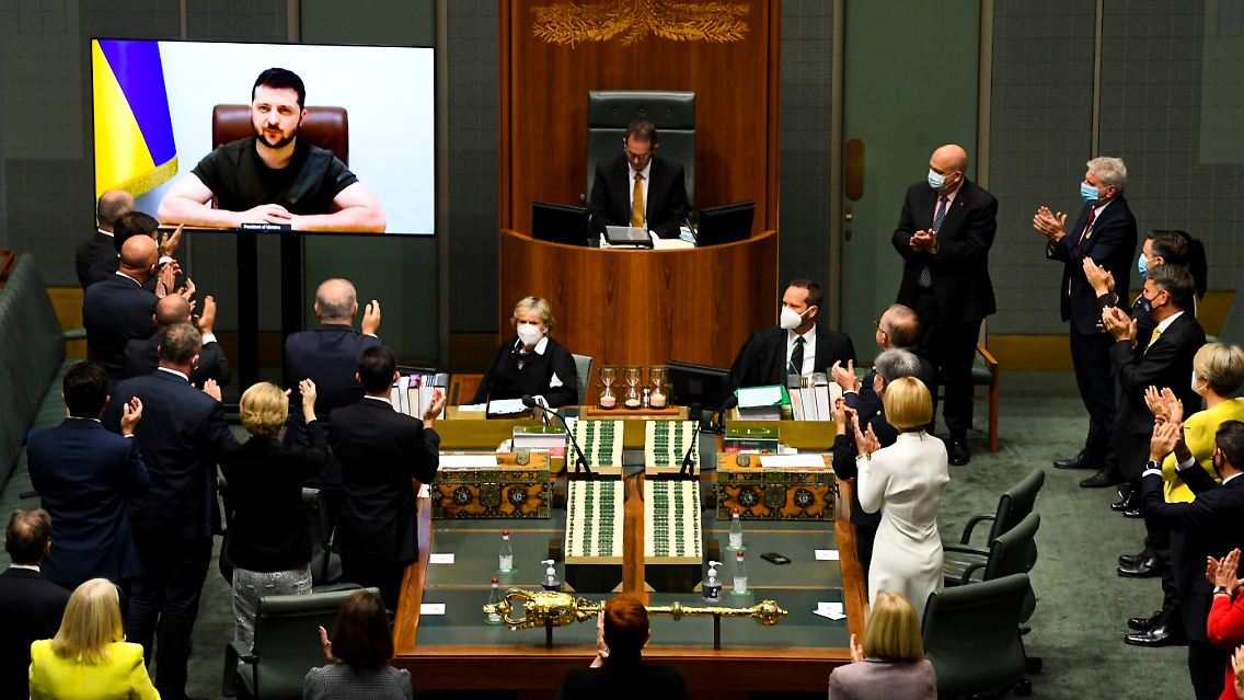 Selenskyj war dem australischen Parlament per Video zugeschaltet.