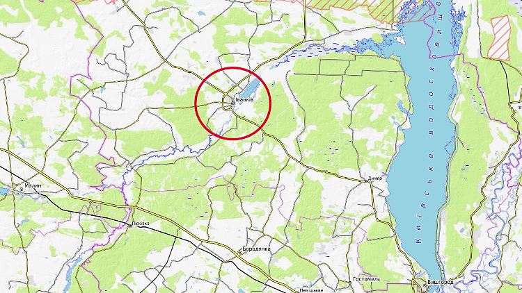 Engpass auf der Rückzugsroute der Russen: Iwankiw (Іванків) liegt auf halbem Weg zwischen Kiew und der belarussischen Grenze.
