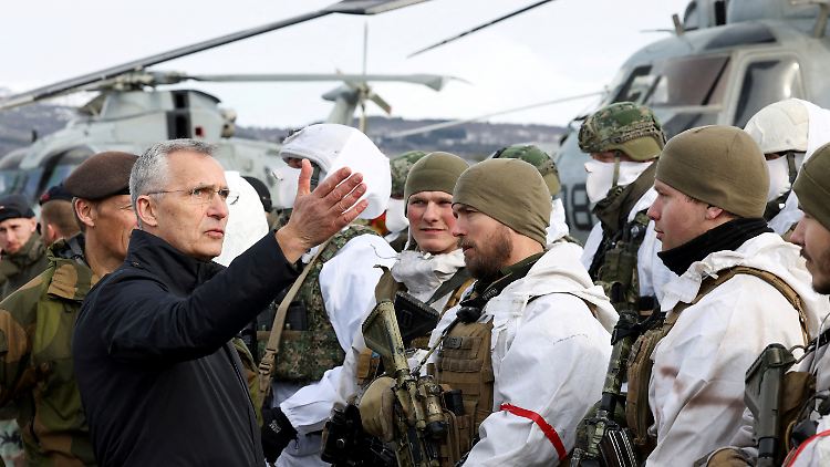 NATO-Generalsekretär Stoltenberg begrüßt niederländische Soldaten bei der Übung "Cold Response" im März. Daran nehmen auch schwedische und finnische Soldaten teil.