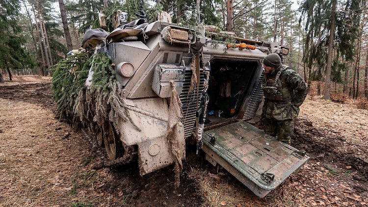 Ein Panzer Marder 1A3 steht während der internationalen Militärübung "Allied Spirit 2022" auf dem Gelände des Truppenübungsplatzes Hohenfels in einem Waldstück.