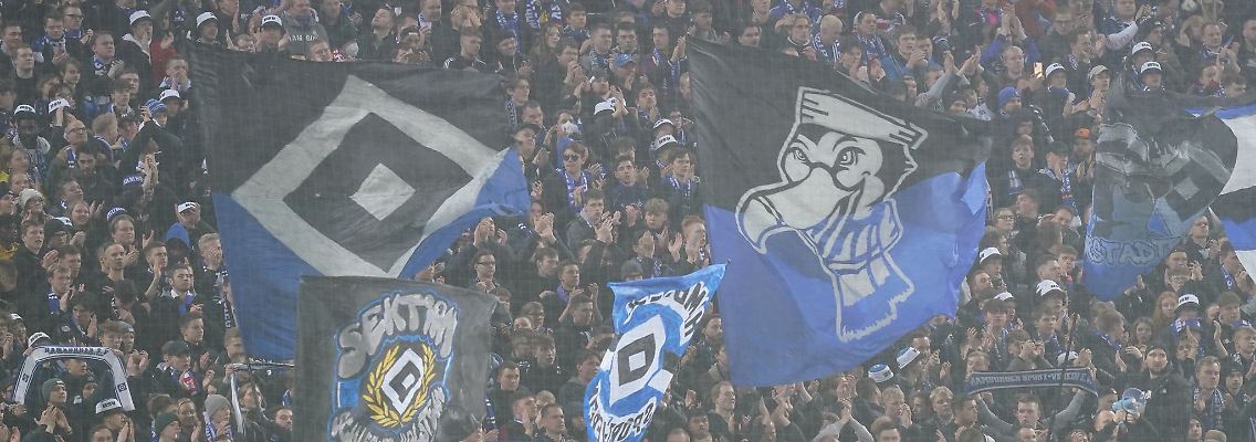 HSV-Fans stehen auf der Tribüne des Volksparkstadions.