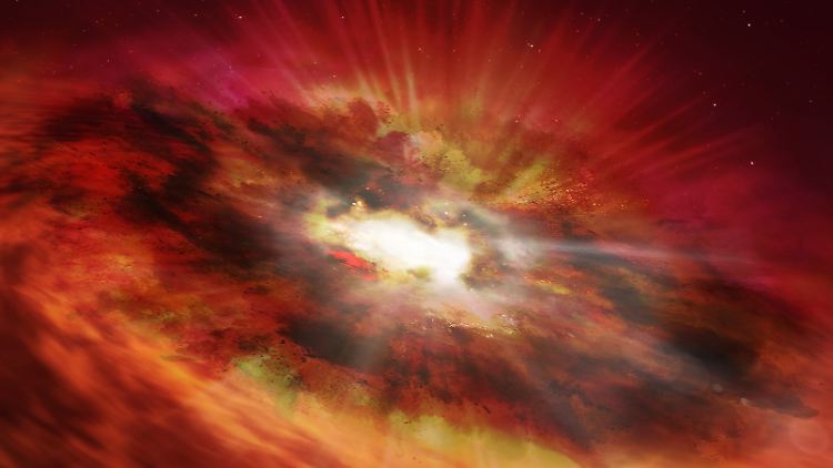 Jede Menge Staub gibt es in den "Starburst"-Galaxien im jungen Kosmos - ausreichend Futter für das schnelle Wachstum eines supermassereichen Schwarzen Lochs.