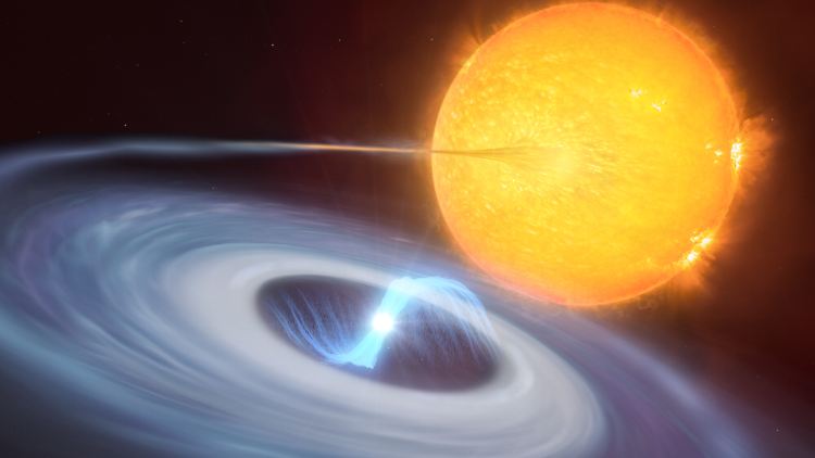 Computergrafik eines Zwei-Sterne-Systems, in dem Mikronovae auftreten können. Die blaue Scheibe, die um den hellen Weißen Zwerg in der Bildmitte herumwirbelt, besteht aus Material, hauptsächlich Wasserstoff, das von seinem Begleitstern "gestohlen" wurde.