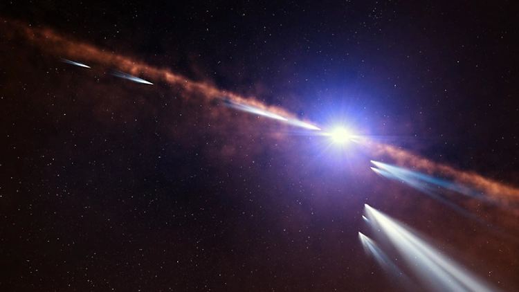 Die Computergrafik zeigt einen Exokometen, der den Stern Beta Pictoris umkreist.