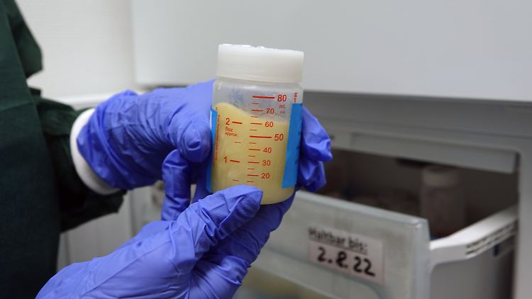 Eine Kinderkrankenschwester holt gespendete Muttermilch aus der Kühltruhe der Frauenmilch-Bank der Uniklinik Essen. Die gespendete Milch hält sich in der Tiefkühltruhe bis zu sechs Monate.