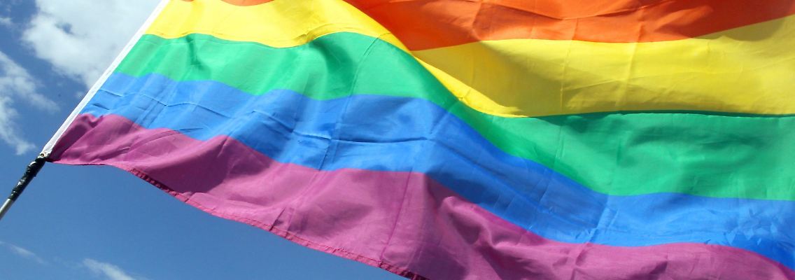 Die Regenbogenfahne weht im Wind.