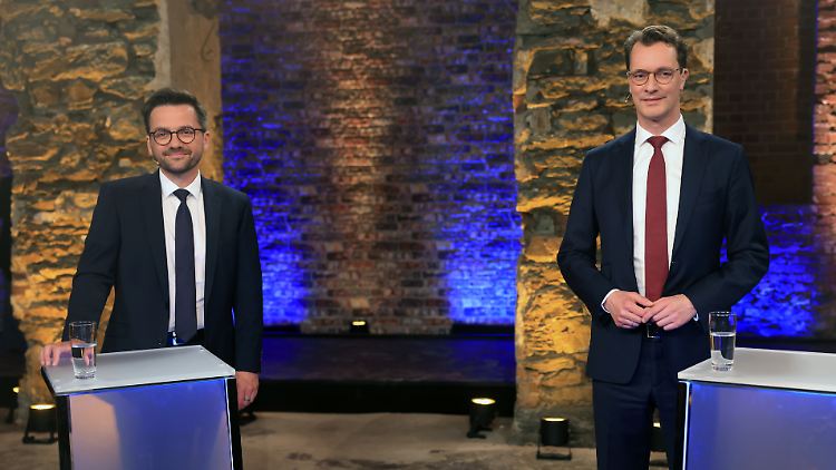 Amtsinhaber Hendrik Wüst (rechts) und Thomas Kutschaty: Spitzenkandidaten für die Landtagswahl.