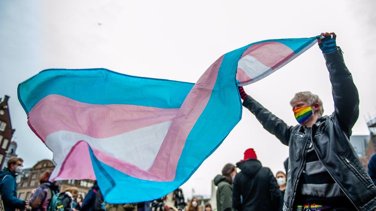 Wehende trans* Flagge auf einer Demonstration. Experte Timmermanns führt Anfeindungen auch auf Unsicherheiten in der eigenen Geschlechtsidentität zurück. 
