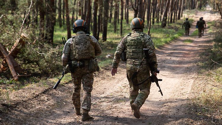 Russische Soldaten nähern sich der Stadt Sjewjerodonezk durch den Wald.