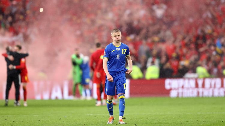 Oleksandr Sintschenko geht in Richtung ukrainischer Fans, im Hintergrund feiern die Waliser.