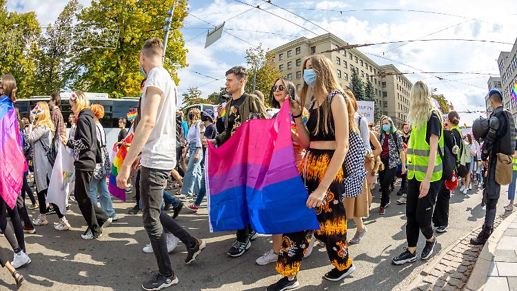 In der "Bisexual Pride Flag" steht der rosafarbene Streifen für die Anziehung zum gleichen Geschlecht, der blaue für die Anziehung zu anderen Geschlechtern. Die sich daraus ergebende Überlappungsfarbe, Lila, steht für die Anziehung unabhängig vom Geschlecht.