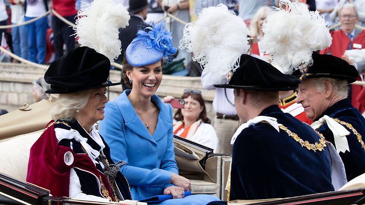 Neu-Mitglied Camilla trägt ebenso wie Prinz Charles und Prinz William Samtmantel und Straußenfeder. 