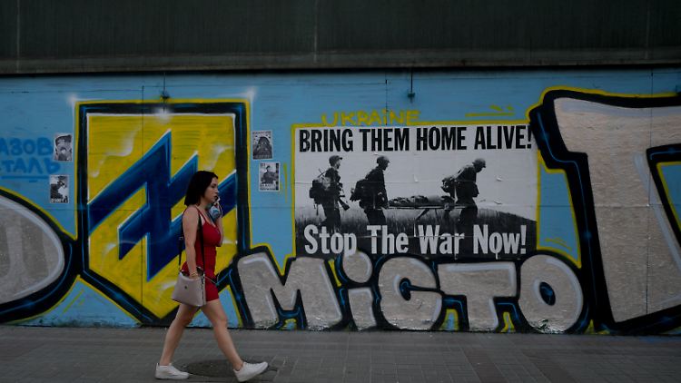 Logo des Regiments Asow an einer Wand in Kiew. "Aus naheliegenden Gründen interessiert man sich in der Ukraine im Moment weniger dafür, was für eine Ideologie ein Regiment wie Asow hat."