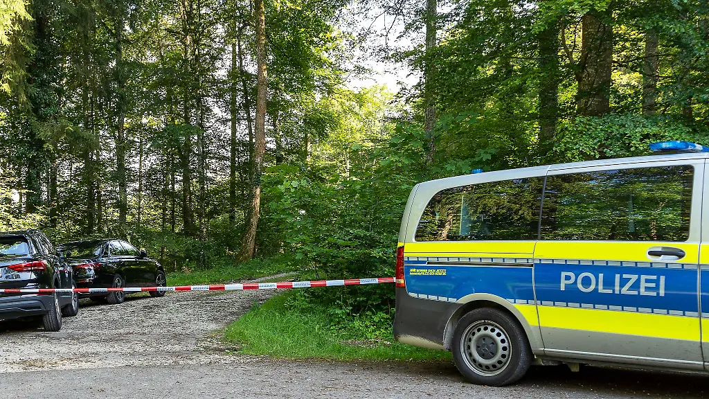 Polizeifahrzeuge-stehen-in-einem-Waldstueck-in-dem-die-Leiche-einer-30-Jaehrigen-gefunden-wurde