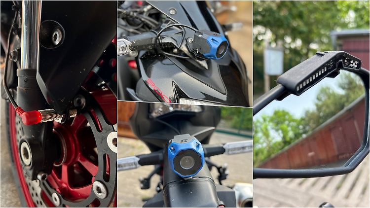 Aus zwei Kameras, Leuchtdioden am Spiegel, einem GPS-Sender, einem Sensor für das Vorderrad und einem Steuergerät besteht das Assistenz- und Warnsystem für Motorradfahrer von Ride Vision.