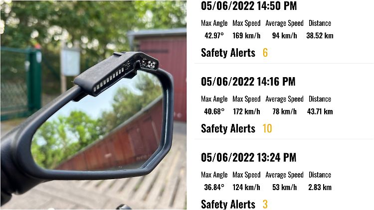 Die Warnungen werden durch die Leuchtdioden am Spiegel visualisiert, in der Ride-Vison-App kann man sie anschließend samt aller anderen Fahrdaten ansehen.