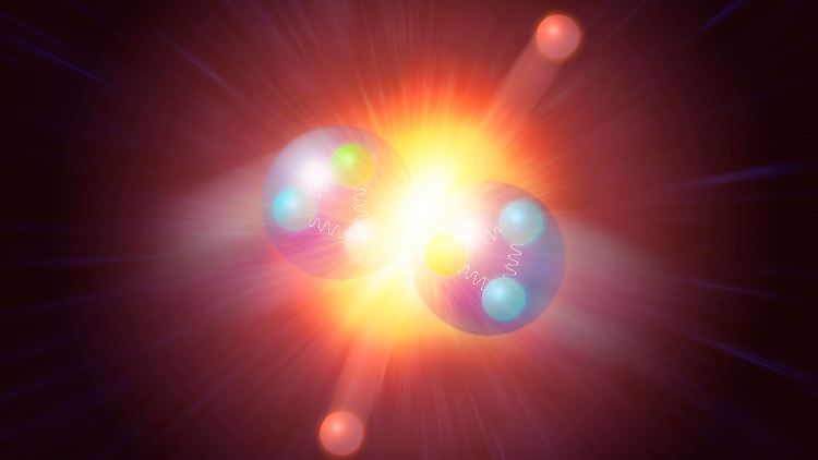 Illustration des Higgs-Teilchens (orange, oben und unten), das durch die Kollision zweier Protonen entsteht. Das Higgs-Boson wurde 2012 bei Proton-Proton-Kollisionen im LHC am CERN entdeckt.