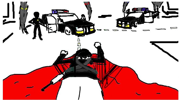 Ein Comic zeigt einen Bewaffneten in einer Blutlache - umgeben von Polizisten.