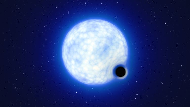 Die künstlerische Darstellung zeigt, wie das Doppelsystem VFTS 243 aussehen könnte. Das System besteht aus einem heißen, blauen Stern und einem Schwarzen Loch.