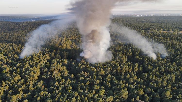 Eine Luftaufnahme der Berliner Feuerwehr zeigt die Lage des Brandes mitten im Grunewald.
