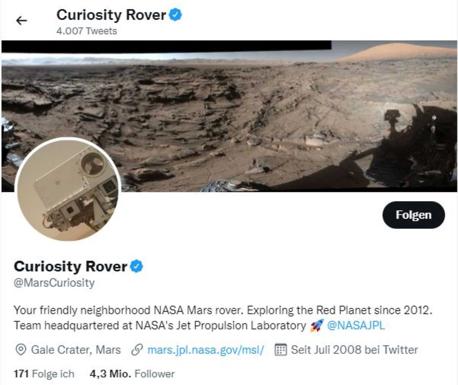 Auf Twitter gibt sich "Curiosity" ganz bescheiden: Als "freundlicher Nachbarschaftsrover der NASA auf dem Mars" beschreibt das Team den Roboter dort - ...