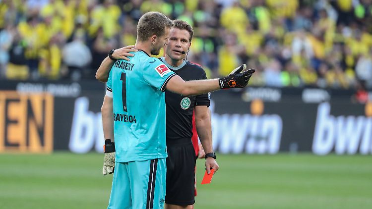 Fanden die Situation beide ziemlich komisch: Keeper Hradecky und Schiedsrichter Brych.