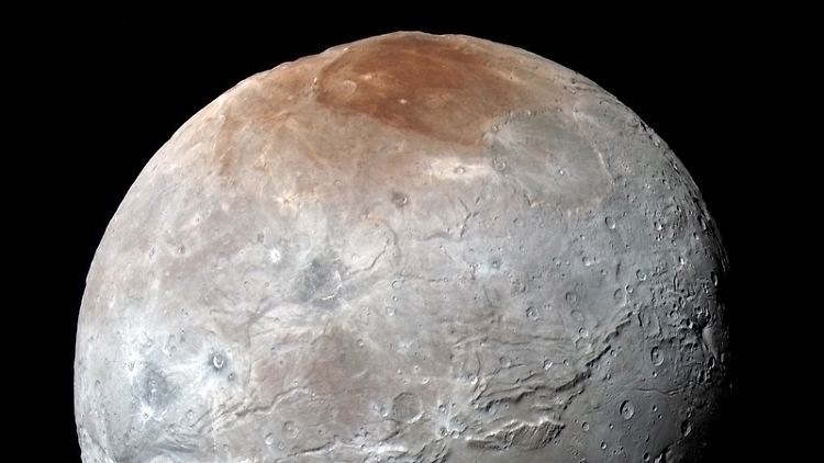 Dieses Bild der NASA-Raumsonde "New Horizons" zeigt Plutos größten Mond Charon, der an der oberen Polarregion rötlich gefärbt ist.