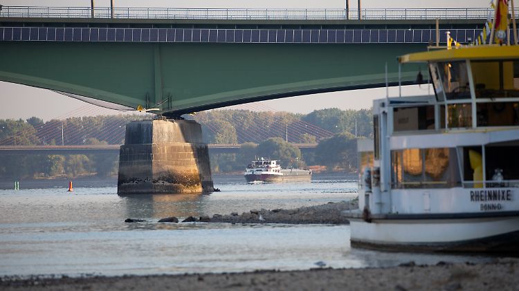 Nervöse Blicke auf die Wettervorhersage: Niedrigwasser am Rhein, hier bei Bonn.