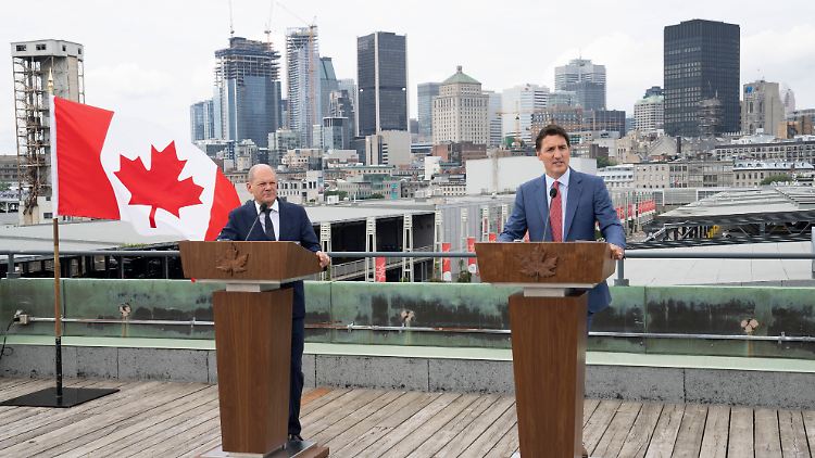 Bundeskanzler Olaf Scholz und der kanadische Premierminister Justin Trudeau bei einer Pressekonferenz