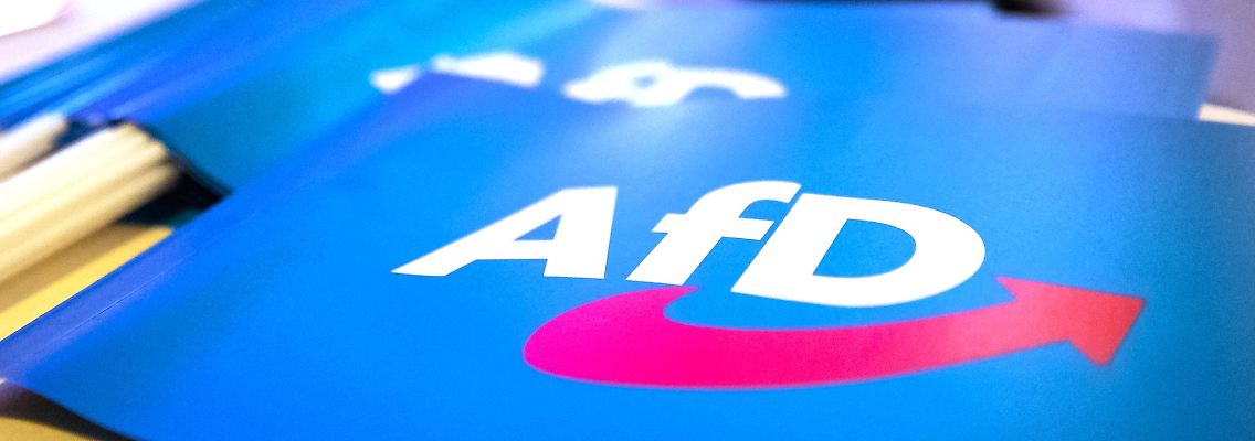 Fähnchen mit dem Logo der AfD liegen auf einem Tisch.