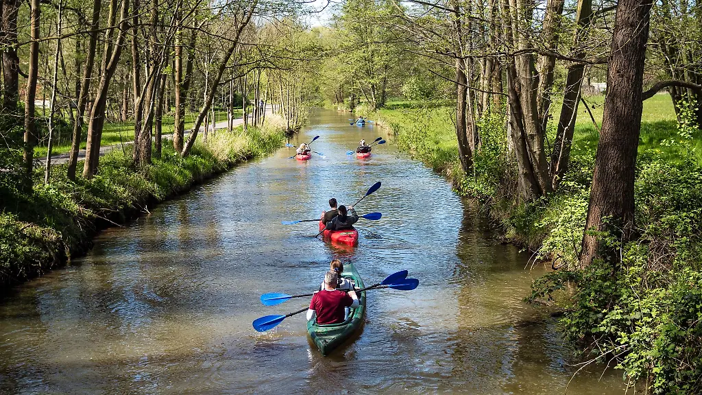 Paddler-sind-bei-sonnigem-Ausflugswetter-auf-einem-Fliess-im-Spreewaldort-Burg-unterwegs