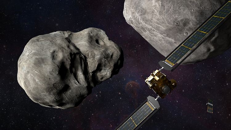 Der Plan: Die NASA-Sonde "DART" soll auf dem Asteroiden Dimorphos (l.) einschlagen und dadurch dessen Flugbahn verändern.