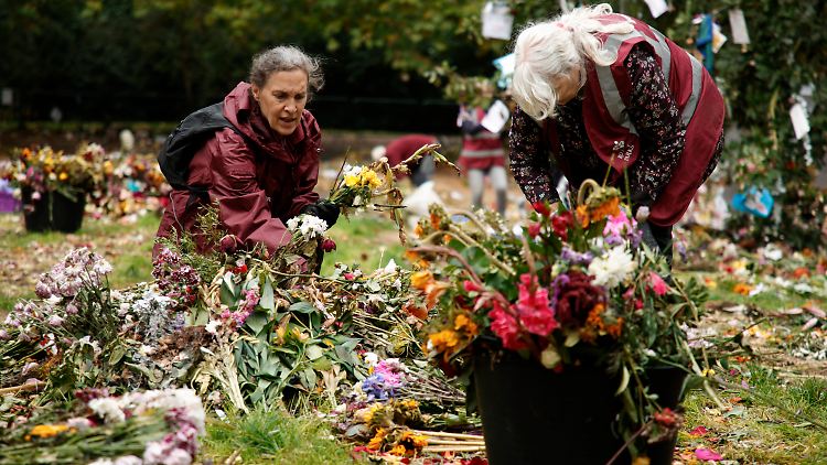 Freiwillige Helferinnen und Helfer sammeln die zu Ehren der Queen abgelegten Blumen ein.