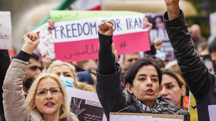 In Frankfurt am Main recken die Demonstranten die Faust und fordern Freiheit für Iran. 