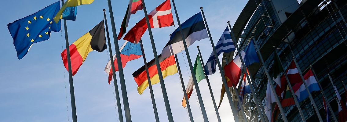 Die ukrainische Flagge weht neben den Flaggen der EU-Mitglieder vor dem Europäischen Parlament in Straßburg.