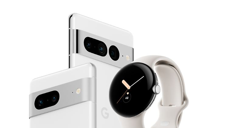Das Google Pixel 7 (li.), das Pixel 7 Pro und die Pixel Watch.