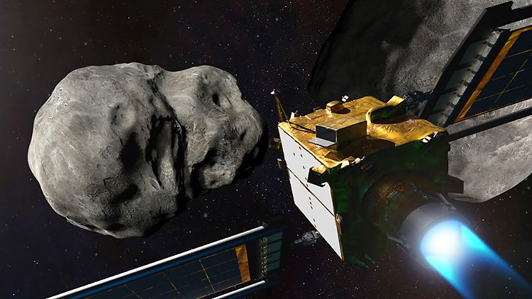 Illustration der NASA: "DART"-Sonde kurz vor dem Aufprall auf dem Asteroidenmond Dimorphos.