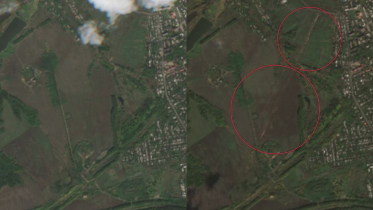 Das linke Satellitenbild zeigt den Ortsrand von Hirske am 25. September. Rechts eine Aufnahme vom 5. Oktober mit der errichteten Verteidigungslinie (rote Kreise).