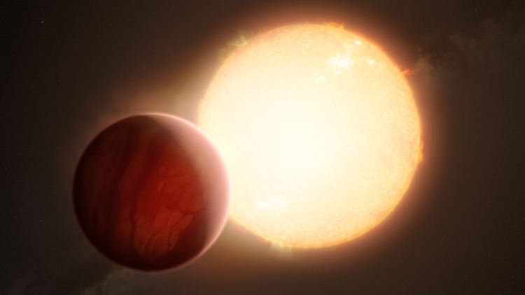 Künstlerische Darstellung eines ultraheißen Exoplaneten, der kurz vor dem Transit vor seinem Wirtsstern steht.