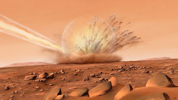 Computergrafik des Meteoriteneinschlags vom 24. Dezember 2021 (S1094b) auf dem Mars und der Ausbreitung der Oberflächenwellen bis zum SEIS-Seismometer der "InSight"-Mission.